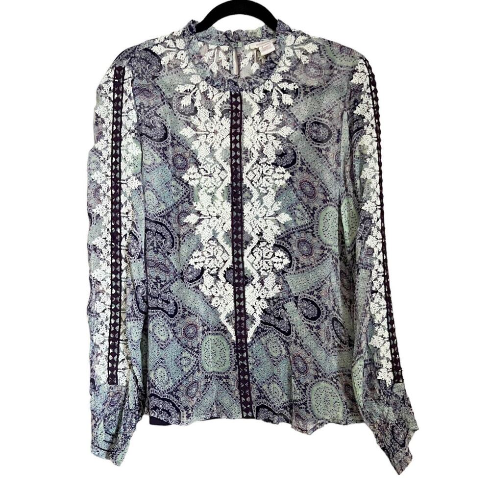 SUNDANCE Victorian charm Embroidered Long Slv Blouse Sz S Boho Lined Crinkle